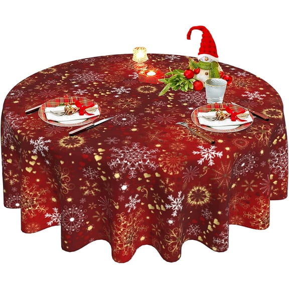 Christmas Tablecloth, Winter Red Round Tablecloth 60 Inch, Xmas Gold Snowflake Table Cloth for Rustic Farmhouse Kitchen Decor, Wipeable Polyester Fabric Table Cover for Holiday Party Outdoor Camping