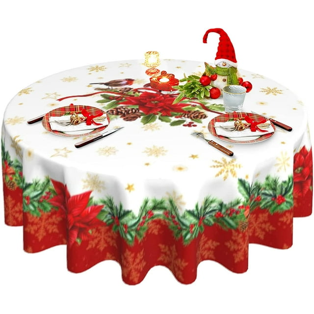 Christmas Tablecloth, Winter Snowflake Floral Round Tablecloth 60 Inch