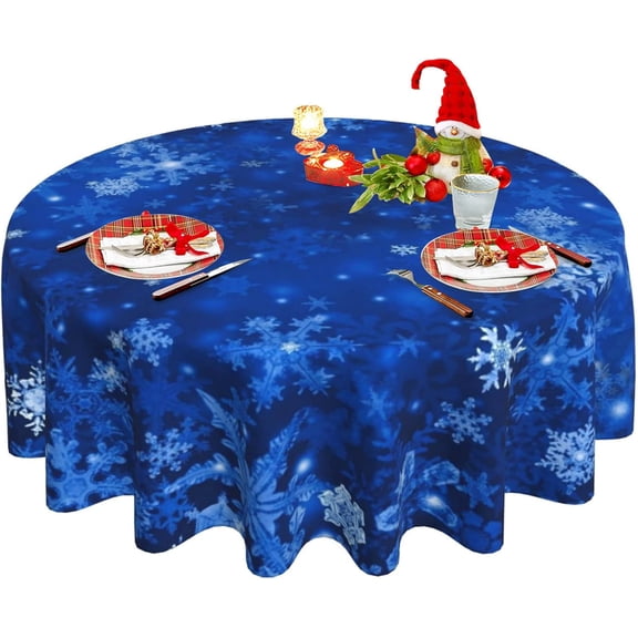 Christmas Tablecloth, Winter Snowflake Round Tablecloth 60 Inch, Navy Blue Xmas Table Cloth for Rustic Farmhouse Kitchen Decor, Wipeable Polyester Fabric Table Cover for Holiday Party Outdoor Camping