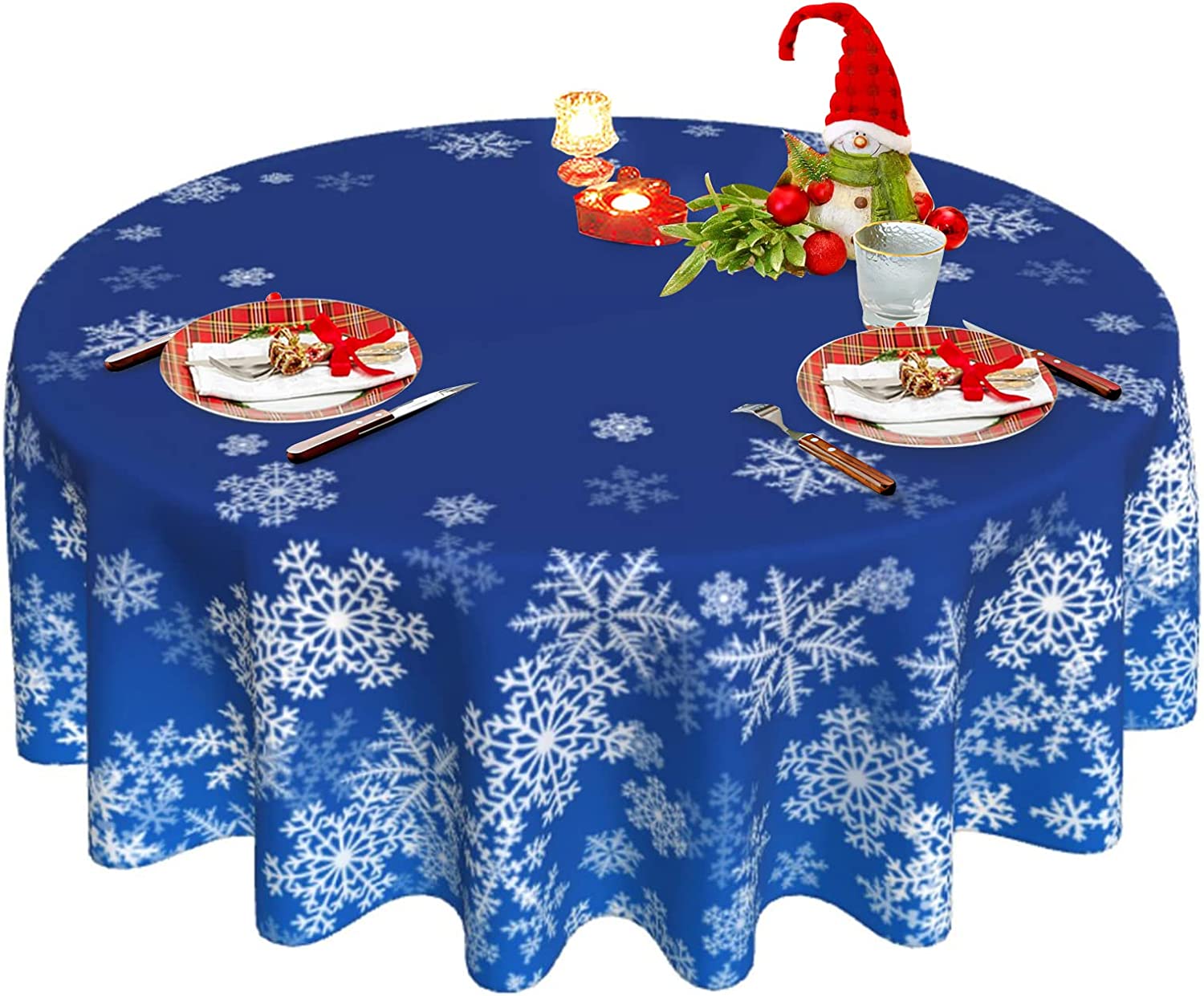 Christmas Tablecloth, Winter Snowflake Round Tablecloth 60 Inch, Xmas