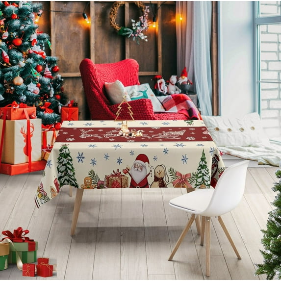 Christmas Tablecloth , Winter Snowman House Christmas Trees Red Washable Table Cover for Party Picnic Dinner Decor