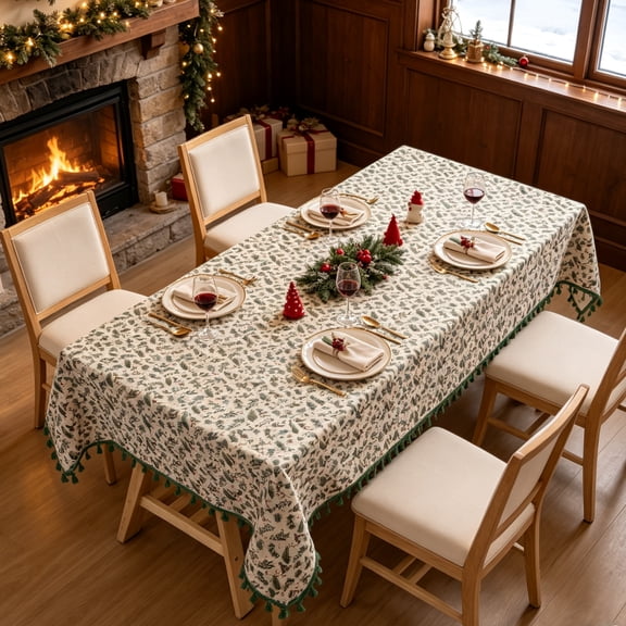 Christmas Tablecloth, Yamaziot 55"x102" Rectangle Table Cloths, Washable Fabric Table Cover with Tassels, Christmas Decorations Indoor