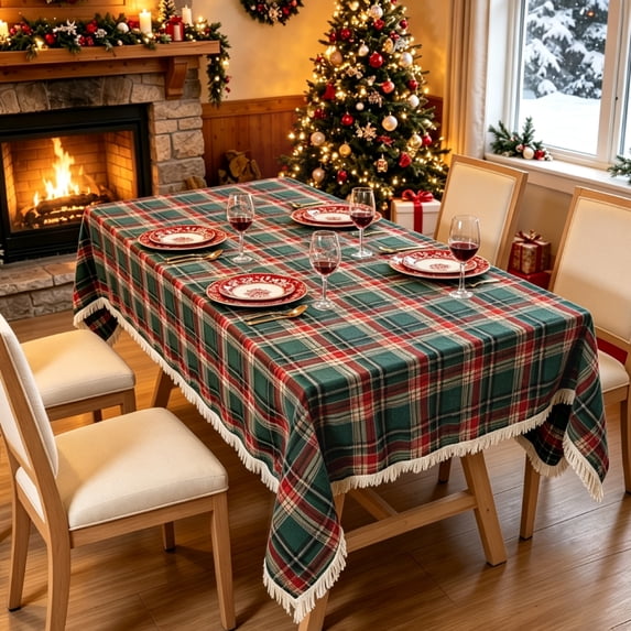 Christmas Tablecloth, Yamaziot 55"x102" Rectangle Table Cloths, Washable Fabric Table Cover with Tassels, Green Checkered Xmas Decorations