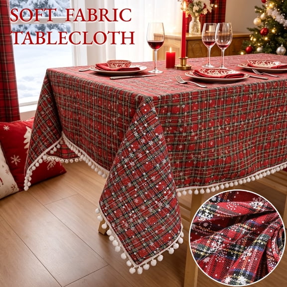 Christmas Tablecloth, Yamaziot 55"x71" Rectangle Table Cloths, Washable Fabric Table Cover with Tassels, Red Checkered Xmas Decorations Indoor