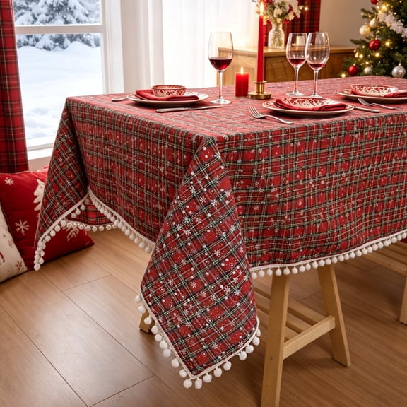 Christmas Tablecloth, Yamaziot 55"x71" Rectangle Table Cloths, Washable Fabric Table Cover with Tassels, Red Checkered Xmas Decorations Indoor
