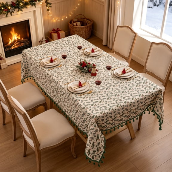 Christmas Tablecloth, Yamaziot 55"x87" Rectangle Table Cloths, Washable Fabric Table Cover with Tassels, Christmas Decorations Indoor