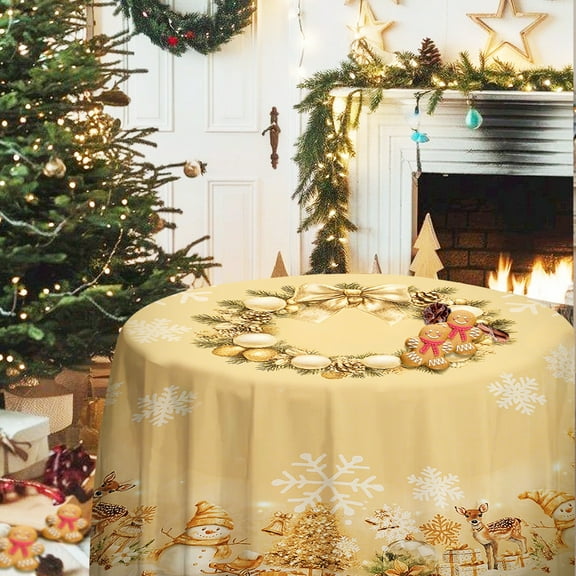 Christmas Tablecloth with Snowflake Pattern, Gold Holiday Table Cover with Gingerbread and Deer Design, Decorative Winter Dining Decor（Round，60x60in）