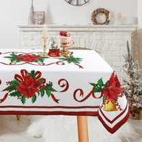 Christmas Tablecloths 60 x 84 Inch for 5 Foot Rectangle Tables Washable Polyester Stain Proof Tablecloth, Poinsettia Flowers Red Berry Bell Tablecloths for Christmas Picnic Dinner Decor