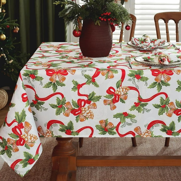 Christmas Tablecloths Rectangular, Jacquard Table Cloth Printed with Jingle Bells & Holly Leaves, Stain Resistant Table Cover for Holiday Party Picnic Dinner Decor (Rectangle, 60" x 102")