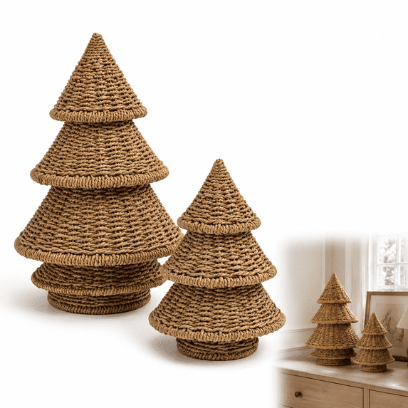 Christmas Tabletop Decor Woven Light‑up Christmas Tree, Rattan‑style Illuminated Desktop Ornament, Festive Seasonal Centerpiece, Shelf Mantel Home Display, Indoor Xmas Home Party Decoration