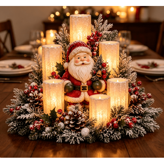 Christmas Tabletop Decor with Santa Statue and Flameless Candles Festive Lighted Centerpiece for Holiday Room Decoration