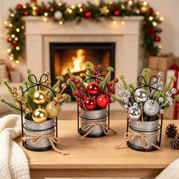 Christmas Tabletop Mini Tree in Galvanized Iron Bucket, Artificial Pine Branch and Red Berry Potted Ornament for Mantel Shelf Dining Table Office Home Decoration Display, Gold
