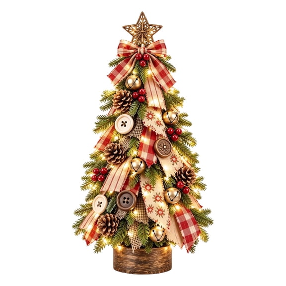 Christmas Tabletop Mini Tree, Pre Lit Artificial Small Christmas Tree, Farmhouse Christmas Centerpiece, Decorations with Light, Rustic Desktop Christmas Decoration for Home Table Mantel Decor