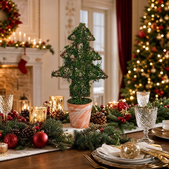Christmas Tabletop Tree Decor, Potted Artificial Tree Ornament with Rustic Distressed Planter and Natural Inspired Texture, Decorative Accent for Mantel Shelf Side Table and Indoor Home Display