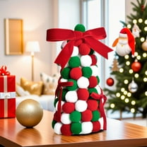 Christmas Tabletop Tree Decoration, Handmade Pom Pom Christmas Tree with Red Bow, Festive Mini Desktop Ornament for Home Office Party Display, Holiday Decor 2025 Trend