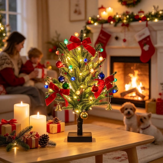 Christmas Tabletop Tree with Ornaments and LED Mood Lights, Artificial ...
