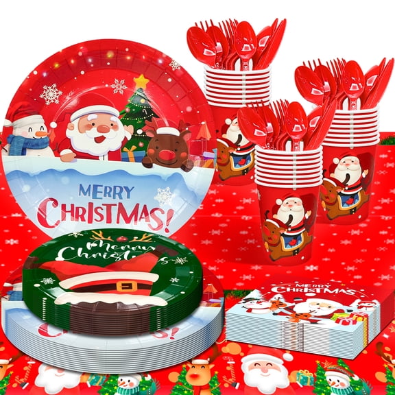 Christmas Tableware,113pcs Christmas Party Tableware Set Including Christmas Paper Plates and Napkins Cups& Christmas Tablecloth etc Xmas Party Tableware for Boys/Girls Christmas Party Supplies