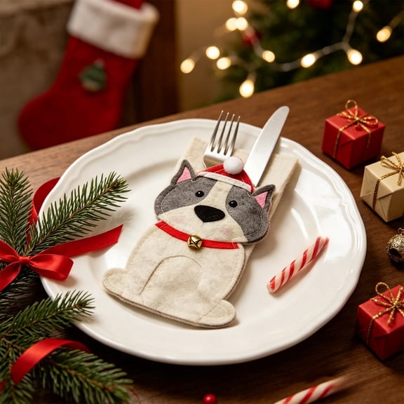 Christmas Tableware Knife Fork Cover Bag 7x4in Cutlery Organizer for Holiday Banquet Party Table Decor