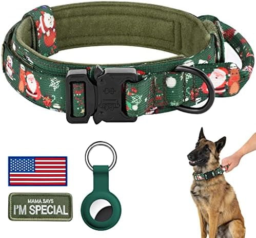 Christmas Tactical Dog Collar, Adjustable Military Training Nylon Dog Collar with Control Handle and Metal Buckle for Medium and Large Dogs, with Patches and Airtags Case (XL, Christmas green)