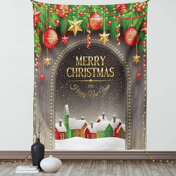 Christmas Tapestry, Classic Rustic Design Season Greetings Yellow Colored Letters Village Ornaments, Wall Hanging for Bedroom Living Room Dorm Decor, 60W X 80L Inches, Multicolor, by Ambesonne