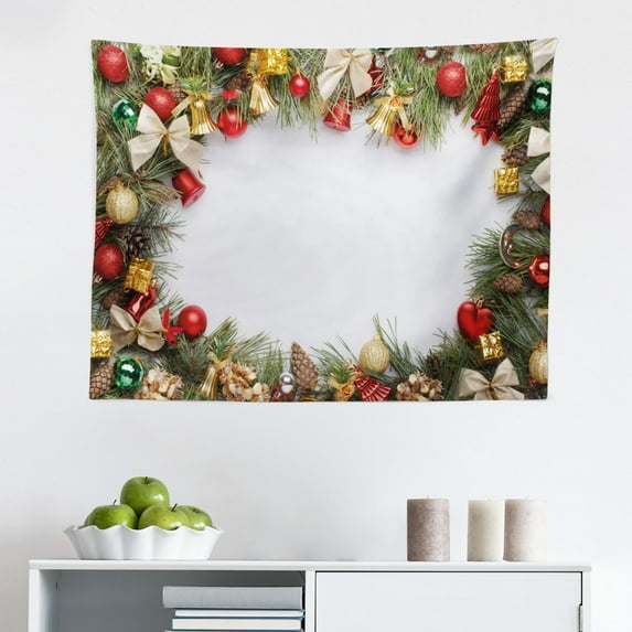 Christmas Tapestry, Reindeer in The Snowy Sky with Crescent Moon in Town Illustration, Fabric Wall Hanging Decor for Bedroom Living Room Dorm, 2 Sizes, Blue and White, by Ambesonne
