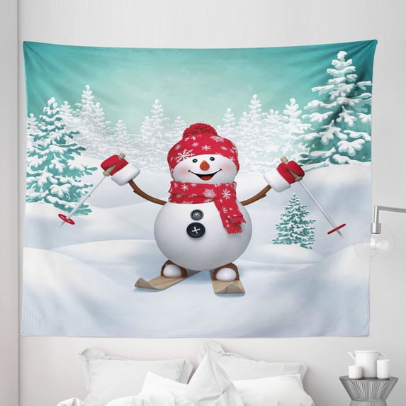 Christmas Tapestry, Snow Covered Mountain Fir Trees and Skiing Snowman Fun Holiday Activity, Fabric Wall Hanging Decor for Bedroom Living Room Dorm, 5 Sizes, Teal Red White, by Ambesonne