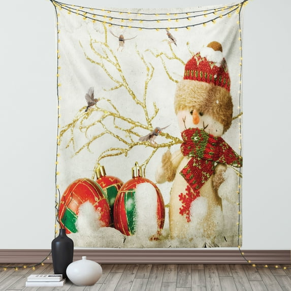 Christmas Tapestry, Snowman with Hat and Festive Elements Colorful Jolly Holiday Theme Illustration, Wall Hanging for Bedroom Living Room Dorm Decor, 60W X 80L Inches, Multicolor, by Ambesonne