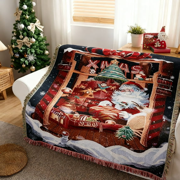 Christmas Tapestry Throw Blanket, Multipurpose Holiday Decor for Sofa Couch Bed, Reversible Gift Carpet for Home Office Nap(D)