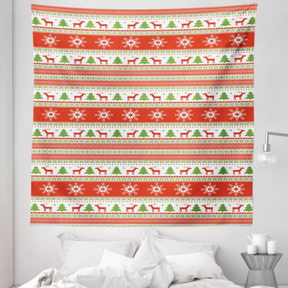 Christmas Tapestry, Traditional Reindeer Xmas Tree Snowflake Border Knitted Seem Pattern, Fabric Wall Hanging Decor for Bedroom Living Room Dorm, 5 Sizes, Vermilion Green White, by Ambesonne