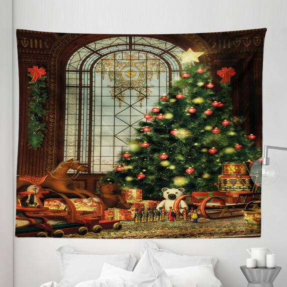 Christmas Tapestry, Vintage Ambiance Big Old Fashioned Window Xmas Tree Various Presents, Fabric Wall Hanging Decor for Bedroom Living Room Dorm, 5 Sizes, Brown Red Green, by Ambesonne
