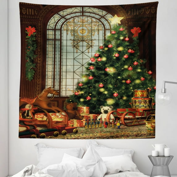 Christmas Tapestry, Vintage Ambiance Big Old Fashioned Window Xmas Tree Various Presents, Fabric Wall Hanging Decor for Bedroom Living Room Dorm, 5 Sizes, Brown Red Green, by Ambesonne