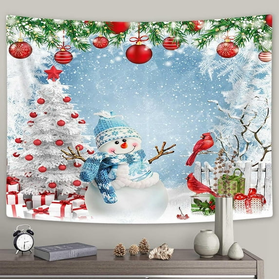 Christmas Tapestry Wall Hanging 71x60 Inch Winter Snowman Christmas Tree Decorations Wall Tapestry for Bedroom Living Room Dorm Home Party Decor, 60X40IN