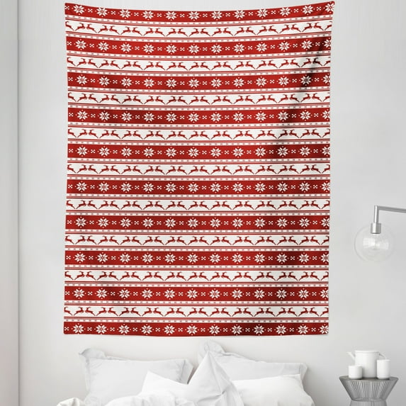 Christmas Tapestry, Xmas Winter Themed Deers Snowflakes in Nordic Pattern Borders and Lines Art, Fabric Wall Hanging Decor for Bedroom Living Room Dorm, 5 Sizes, Ruby White, by Ambesonne