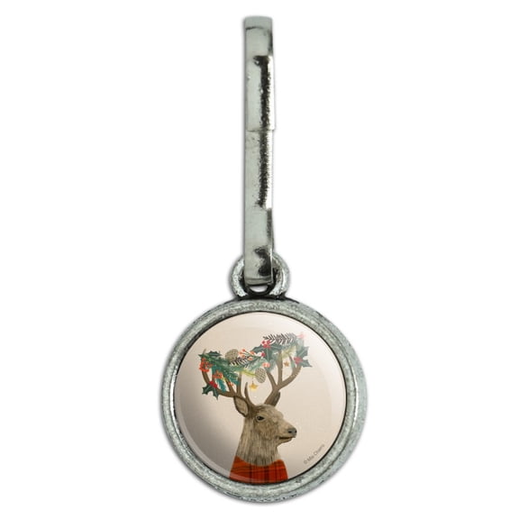 Christmas Tartan Deer and Holly Antlers Antiqued Charm Clothes Purse Suitcase Backpack Zipper Pull Aid