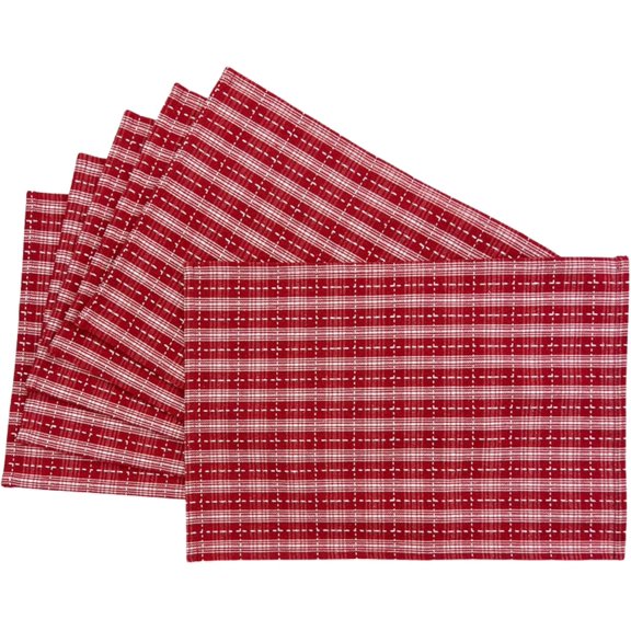 Christmas Tartan Placemats, Set of Six (6) Colorful Red White Flat Weave Fabric, for Holiday''s, Thanksgiving, Winter, Christmas