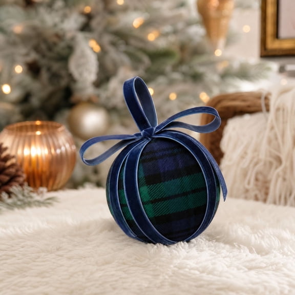 Christmas Tartan Plaid Ball Ornament, 3.15" Rustic Farmhouse Gingham Xmas Tree Hanging Home Party Decoration
