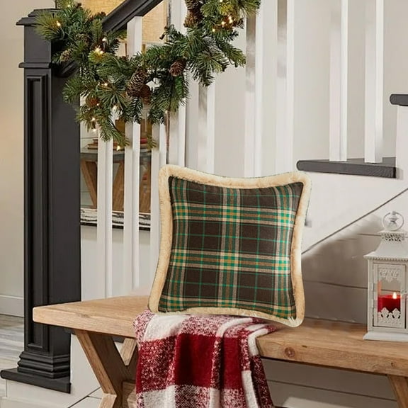 Christmas Tartan Plaid Pillow Covers 17x17 with Trim, White Fuzzy Green Buffalo Checkered Christmas Throw Pillow Covers, Decorative Xmas Pillows for Winter Holiday C