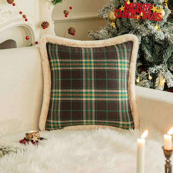 Christmas Tartan Plaid Throw Pillow Cover with Faux Fur, Farmhouse Check Plaid Decorative Cushion Cover Lumbar Accent Pillowcase for Sofa Couch Xmas Holiday Decor