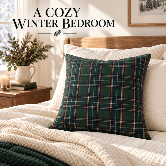 Christmas Tartan Plaid Throw Pillow, Holiday Decor Cushion for Sofa, Couch, Bed, Living Room, Bedroom, Porch, Office and Festive Fall Winter Home Decoration, Green