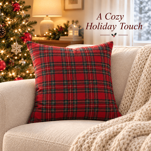 Christmas Tartan Plaid Throw Pillow, Holiday Decor Cushion for Sofa, Couch, Bed, Living Room, Bedroom, Porch, Office and Festive Fall Winter Home Decoration, Red