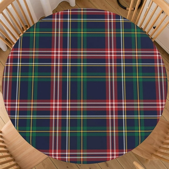 Christmas Tartan Round Fitted Tablecloth Best for 36"-40" Xmas Gingham Table Cloth Elastic Edge Waterproof Stain Resistant Washable Farmhouse Buffalo Plaid Table Cover for Party Picnic Indoor Decor