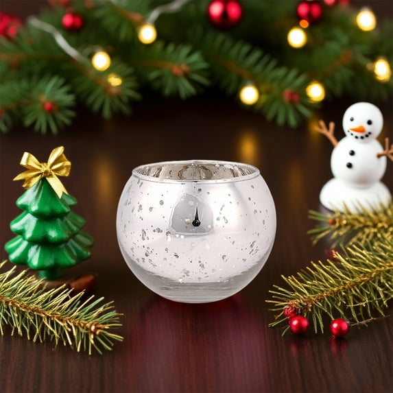 Christmas Tea Light Candle Holders - Set of 2 Holiday Spherical Glass Candle Cup, Decorative Candlestick Table Centerpiece Home Decor Gift Idea