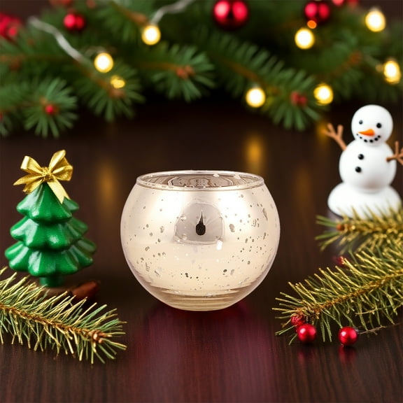 Christmas Tea Light Candle Holders - Set of 2 Holiday Spherical Glass Candle Cup, Decorative Candlestick Table Centerpiece Home Decor Gift Idea