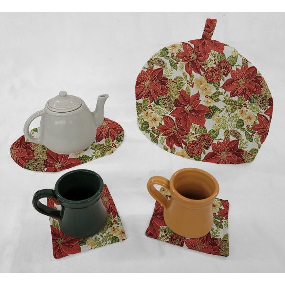 Christmas Tea Pot Cozy & Coaster Set (Christmas Poinsettia)