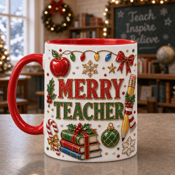 Christmas Teacher Mug with Apple & Christmas Lights, Merry Teacher Coffee Cup Gift