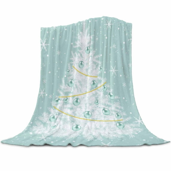 Christmas Teal Flannel Blanket for Bed,Travel and Camping, Green White Xmas Tree Winter Snowflakes Super Soft Cozy Blanket for All Seasons 40" x 60"