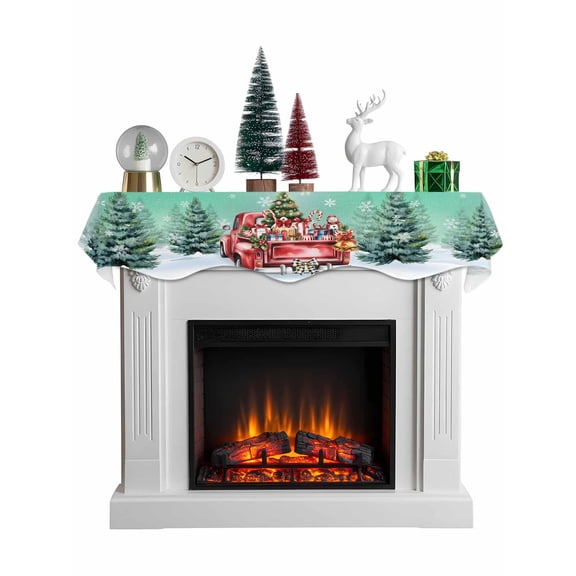 Christmas Teal Green Mantel Scarf Fireplace Decorations for Living Room, Winter Xmas Tree Red Truck Snowflakes Fireplace Mantel Scarf Cover Runner for Halloween/Thanksgiving/Christmas Decor 60"x17"
