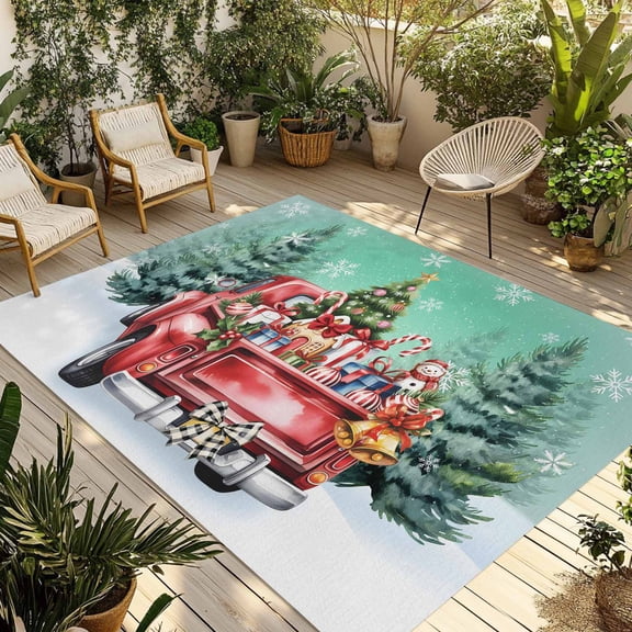 Christmas Teal Green Outdoor Rug 3x5 Ft - Reversible Patio Rug Outdoor Camping Rugs, Winter Xmas Tree Red Truck Snowflakes Indoor Outdoor Area Rugs, Non-Slip Outdoor Carpet Runner for Deck/Porch