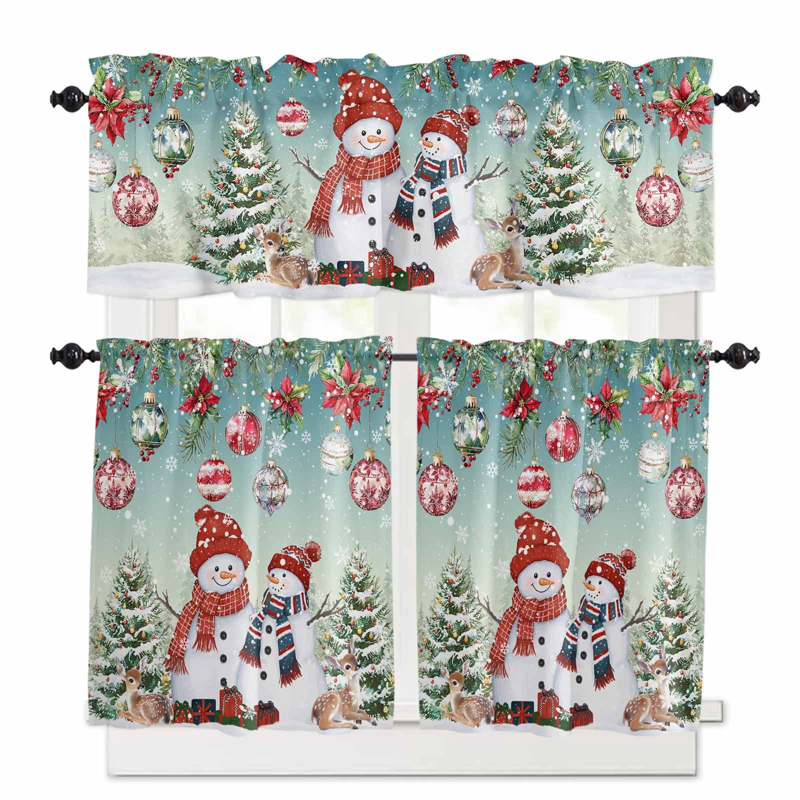 Christmas Teal Kitchen Curtains and Valances Set, Xmas Balls Pine Tree