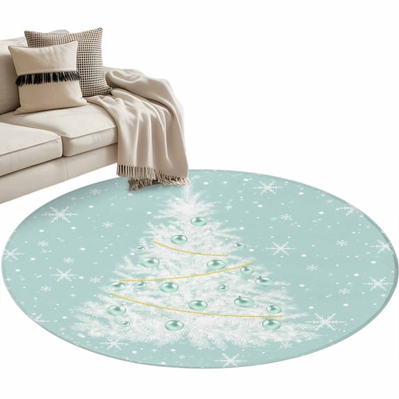 Christmas Teal Round Area Rug 3.3ft Green White Xmas Tree Winter Snowflakes Non-Slip Washable Circle Rugs Soft Felt Indoor Floor Mat for Bedroom Kitchen Living Room Bathroom